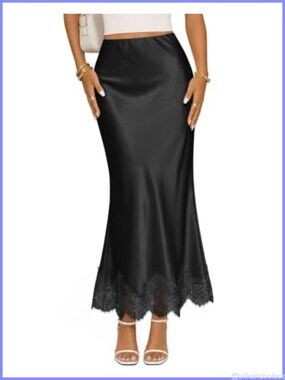 MEROKEETY Satin Lace Trim Fishtail Midi Skirt